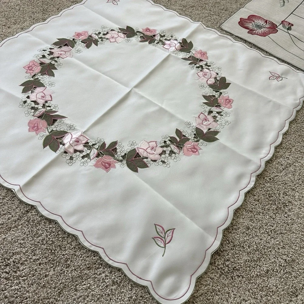 Lot Of 2 Vintage Cutwork Embroidered Floral Poppies Tablecloth Square Satin 33
